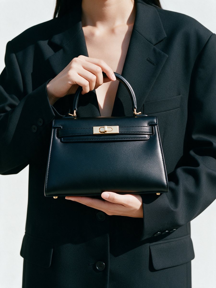 A structured black leather top-handle bag held in both hands against a bone-white backdrop