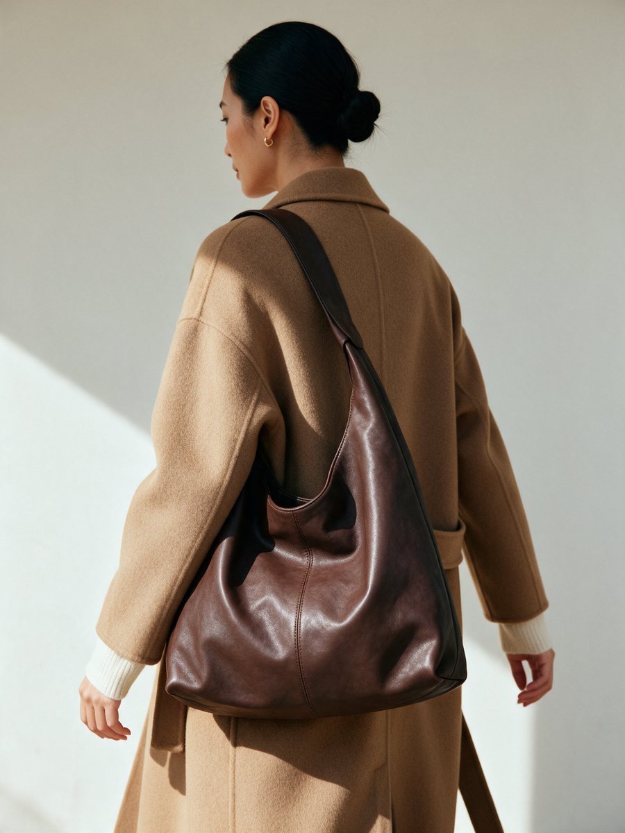 A model walking away from camera in a camel coat with a soft brown leather shoulder bag