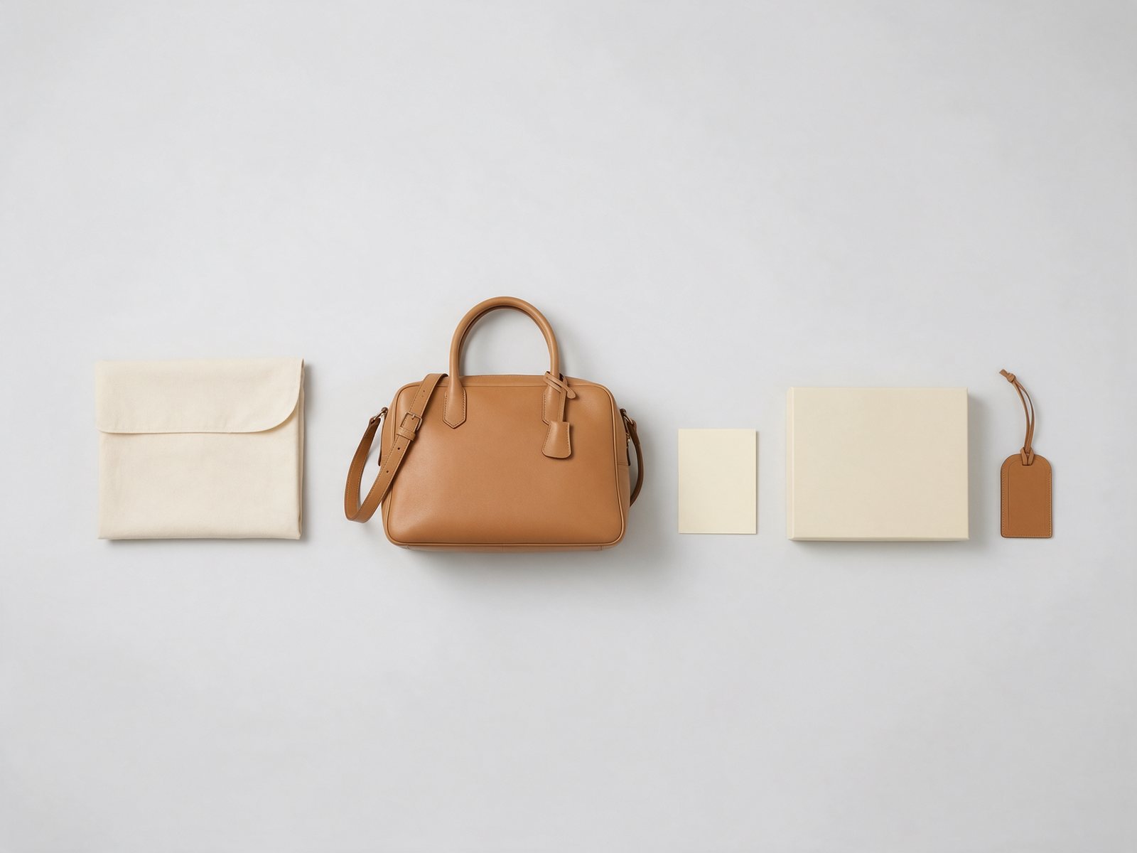 A tan handbag laid out with its dust bag, box lid, card and luggage tag