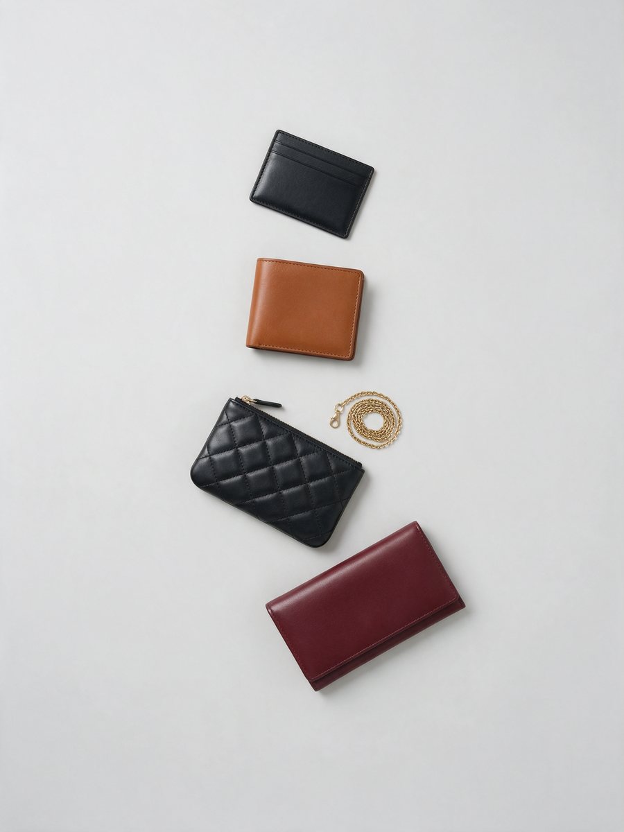Four small leather goods laid out in a column on a pale grey surface