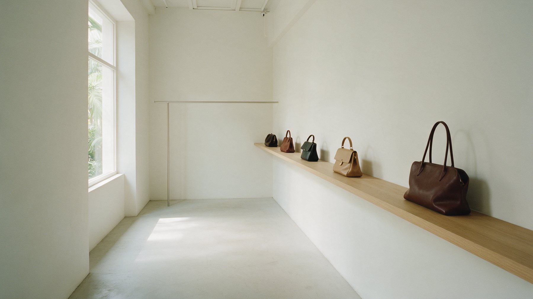 The interior of a small minimal boutique with handbags spaced along a pale oak shelf
