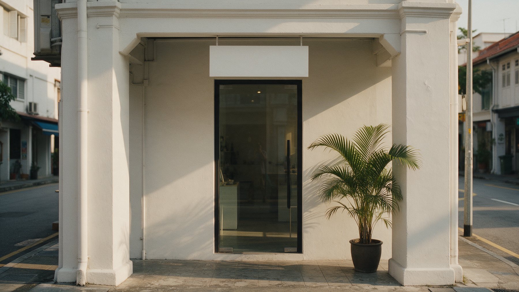 A minimal bone-white boutique shopfront with a glass door in a black steel frame