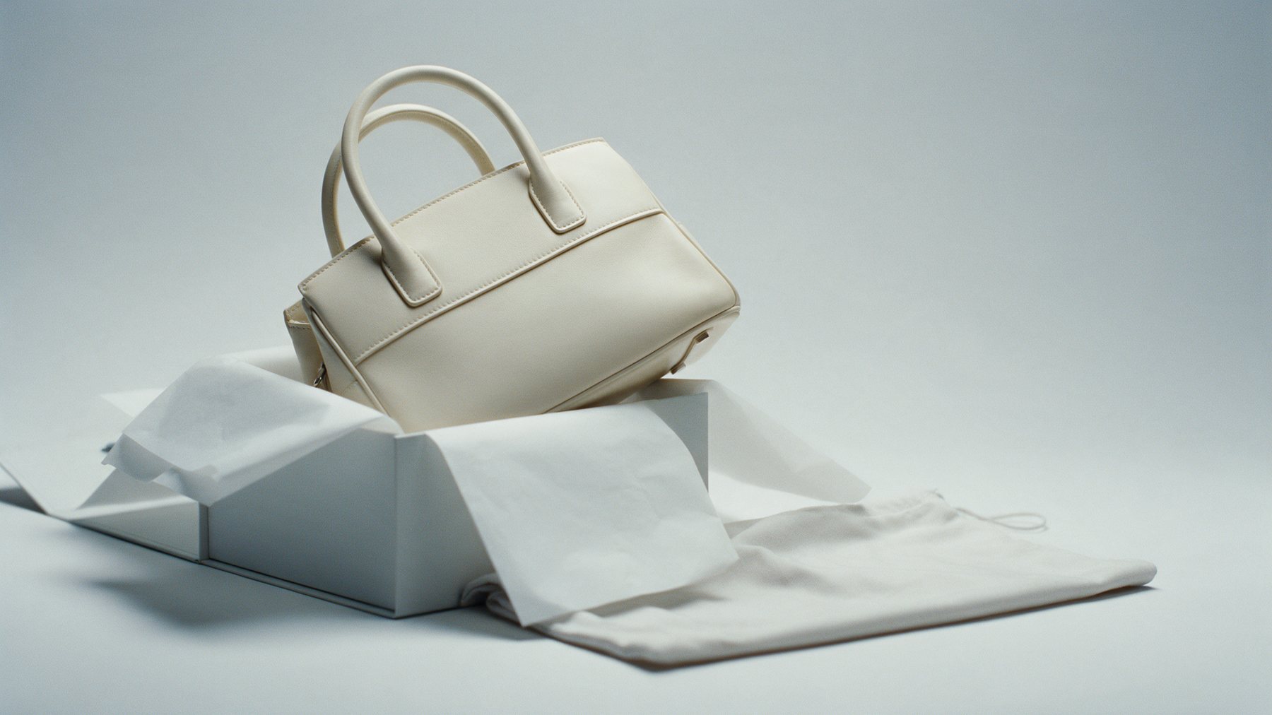 A cream leather handbag half lifted out of a grey gift box with tissue paper and a dust bag